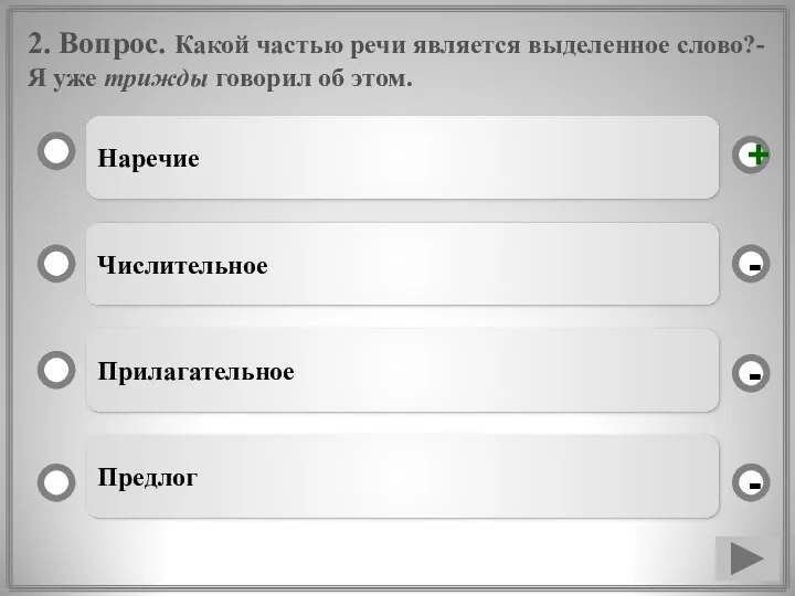 2. Вопрос. Какой частью речи является выделенное слово?- Я уже трижды