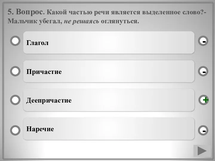 5. Вопрос. Какой частью речи является выделенное слово?- Мальчик убегал, не