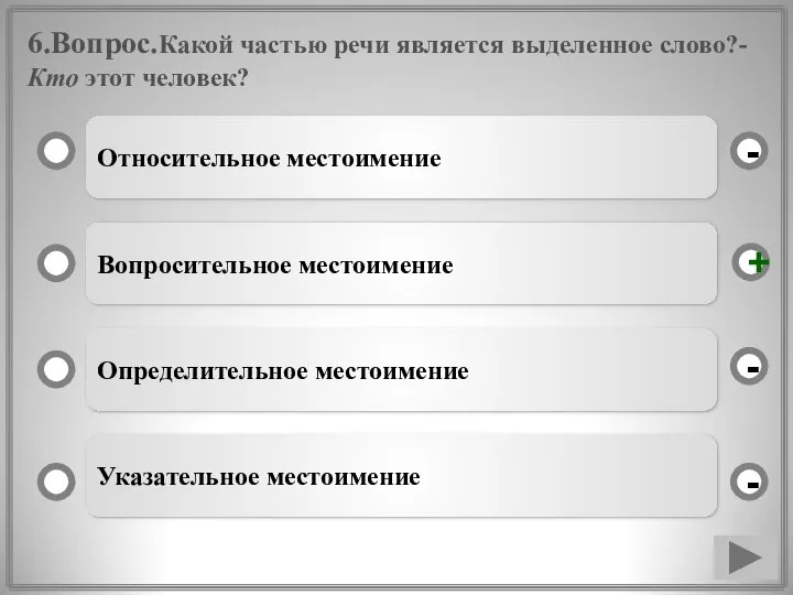 6.Вопрос.Какой частью речи является выделенное слово?- Кто этот человек? Относительное местоимение