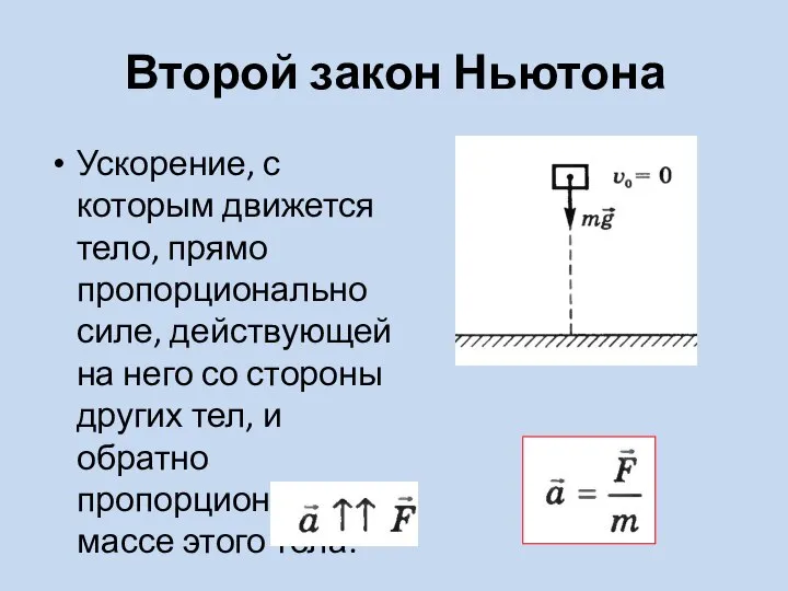 Второй закон Ньютона Ускорение, с которым движется тело, прямо пропорционально силе,