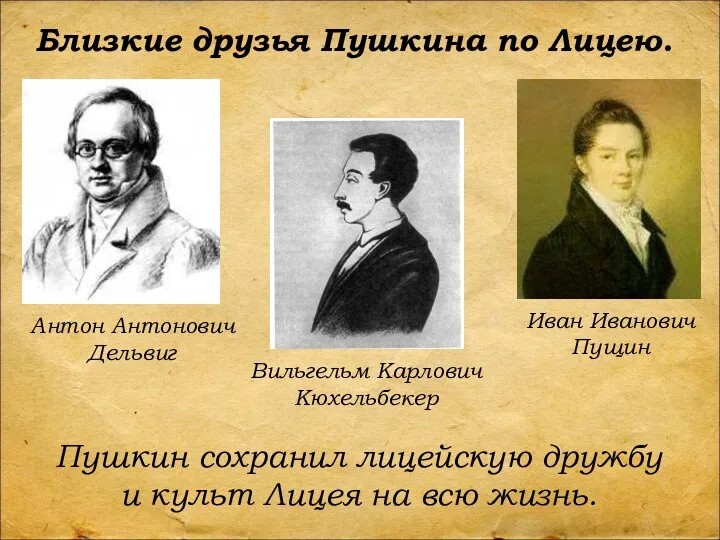 Антон Антонович Дельвиг Иван Иванович Пущин Близкие друзья Пушкина по Лицею.