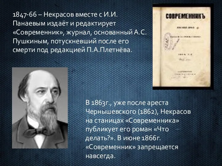 1847-66 – Некрасов вместе с И.И.Панаевым издаёт и редактирует «Современник», журнал,