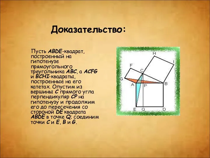 Доказательство: Пусть ABDE-квадрат, построенный на гипотенузе прямоугольного треугольника ABC, а ACFG