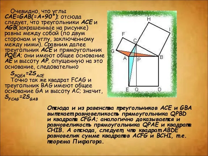 Очевидно, что углы CAE=GAB(=A+90°); отсюда следует, что треугольники ACE и AGB(закрашенные