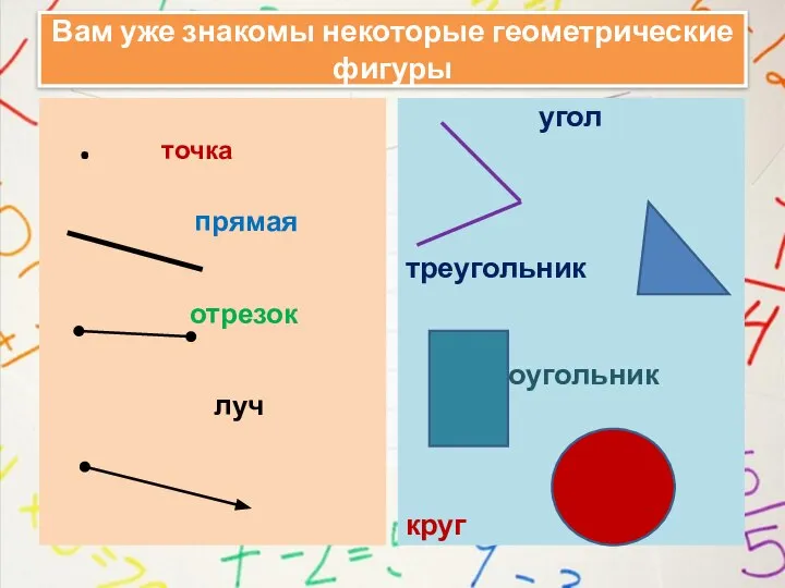 Вам уже знакомы некоторые геометрические фигуры . точка прямая отрезок луч угол треугольник прямоугольник круг