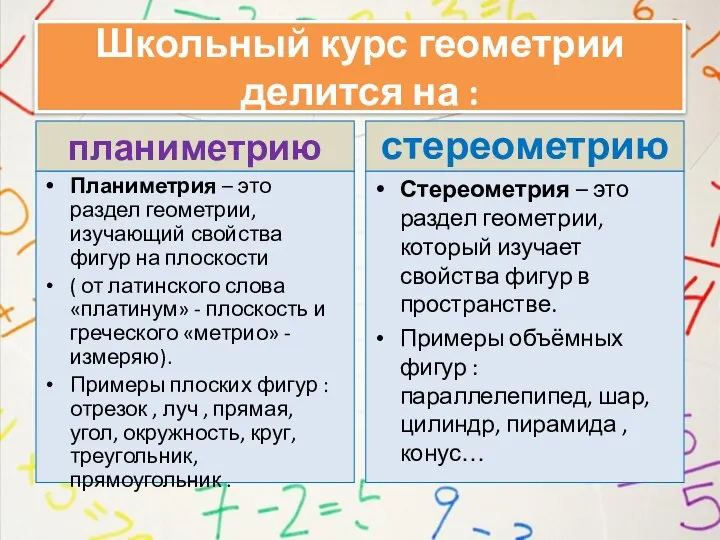 Школьный курс геометрии делится на : планиметрию стереометрию Планиметрия – это