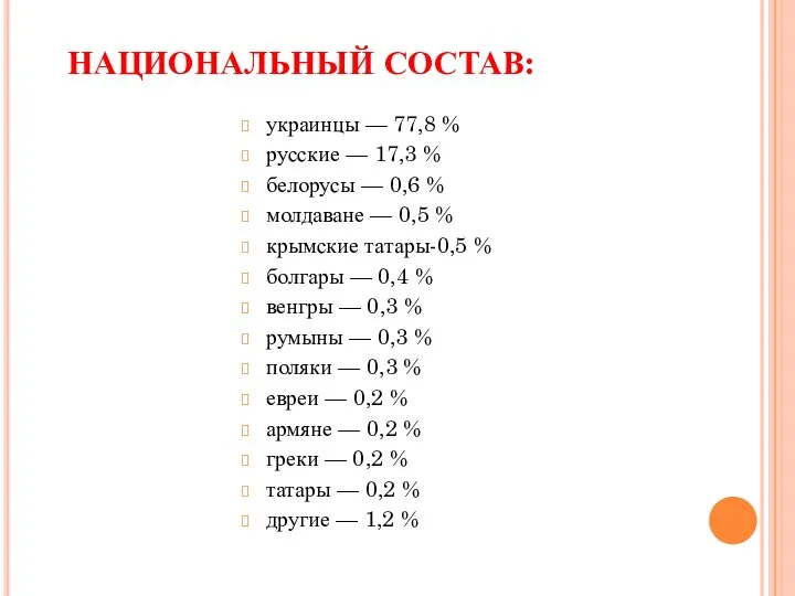 НАЦИОНАЛЬНЫЙ СОСТАВ: украинцы — 77,8 % русские — 17,3 % белорусы