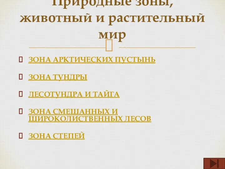 ЗОНА АРКТИЧЕСКИХ ПУСТЫНЬ ЗОНА ТУНДРЫ ЛЕСОТУНДРА И ТАЙГА ЗОНА СМЕШАННЫХ И