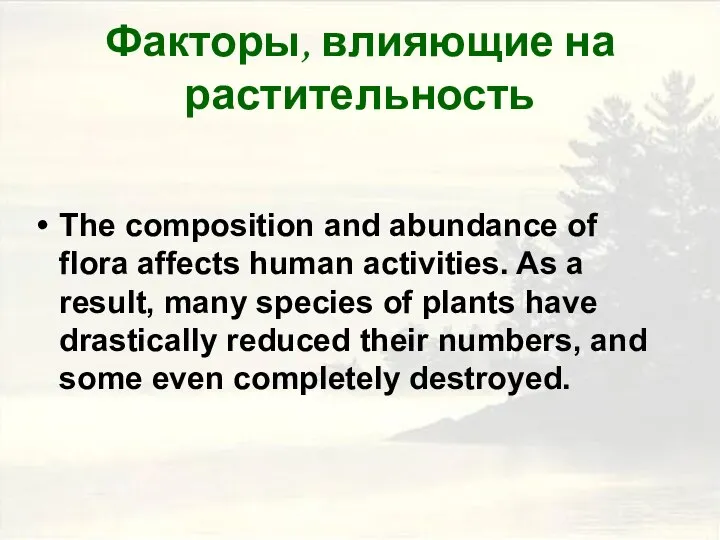 Факторы, влияющие на растительность The composition and abundance of flora affects