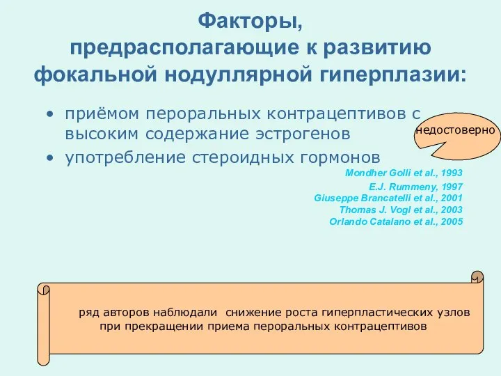 Факторы, предрасполагающие к развитию фокальной нодуллярной гиперплазии: приёмом пероральных контрацептивов с