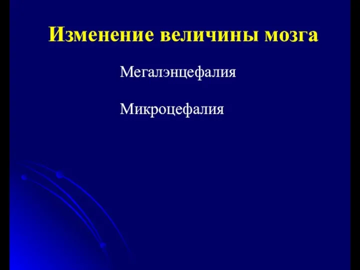 Изменение величины мозга Мегалэнцефалия Микроцефалия