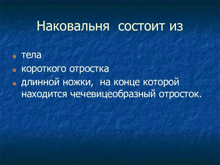 Наковальня состоит из тела короткого отростка длинной ножки, на конце которой находится чечевицеобразный отросток.