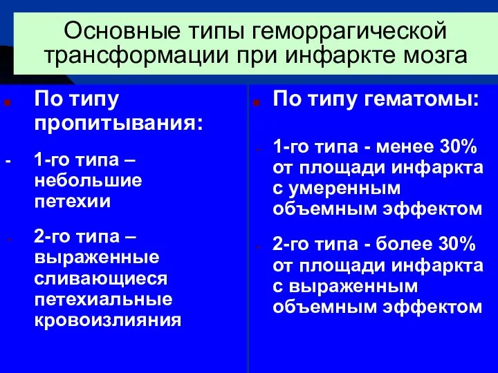 Основные типы геморрагической трансформации при инфаркте мозга По типу пропитывания: -