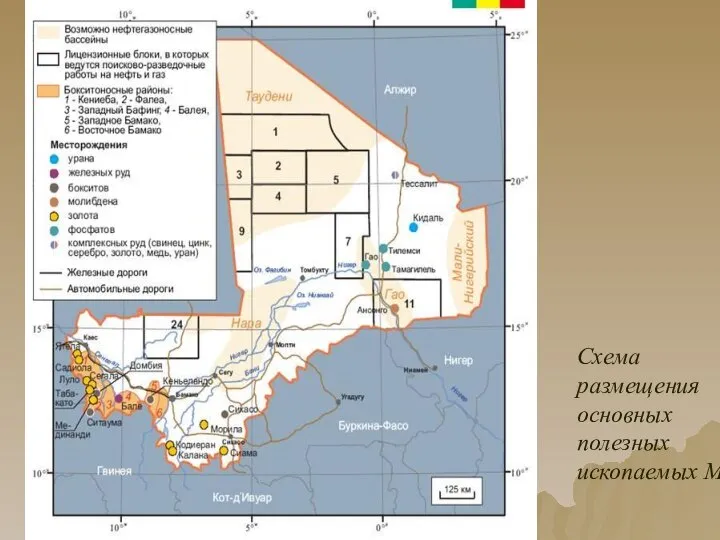 Схема размещения основных полезных ископаемых Мали