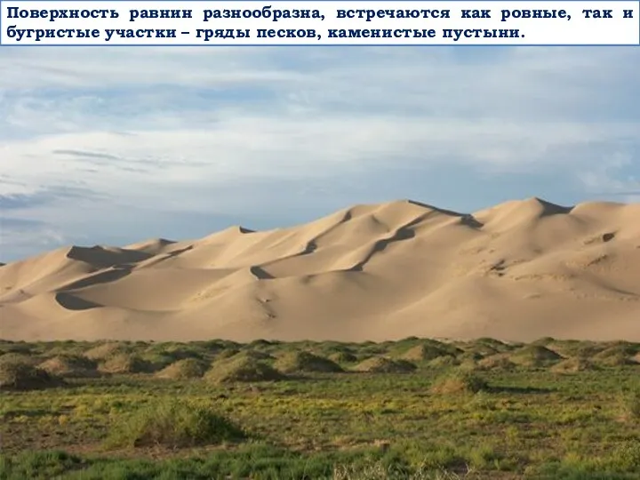 Поверхность равнин разнообразна, встречаются как ровные, так и бугристые участки – гряды песков, каменистые пустыни.