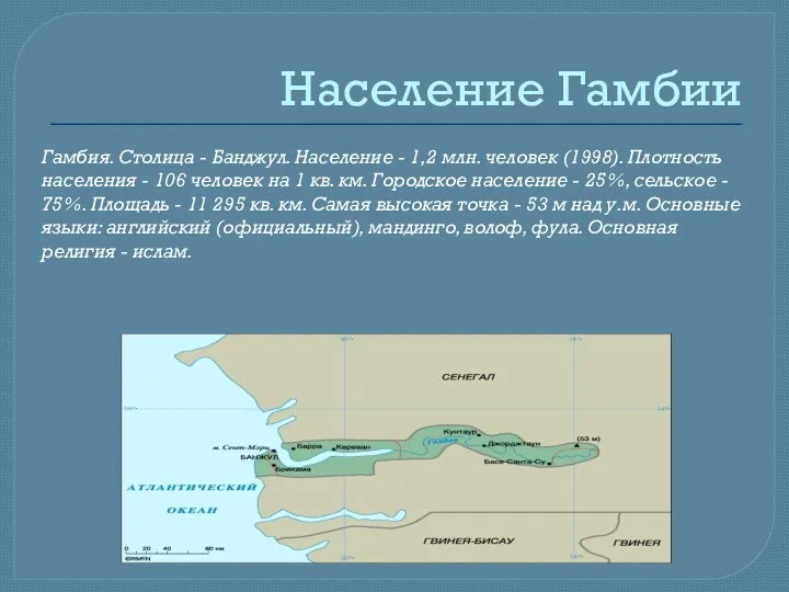 Население Гамбии Гамбия. Столица - Банджул. Население - 1,2 млн. человек