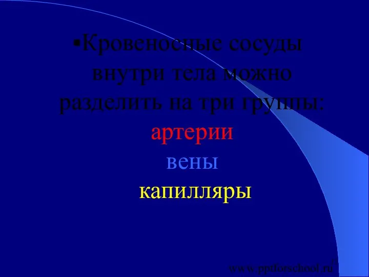 Кровеносные сосуды внутри тела можно разделить на три группы: артерии вены капилляры www.pptforschool.ru