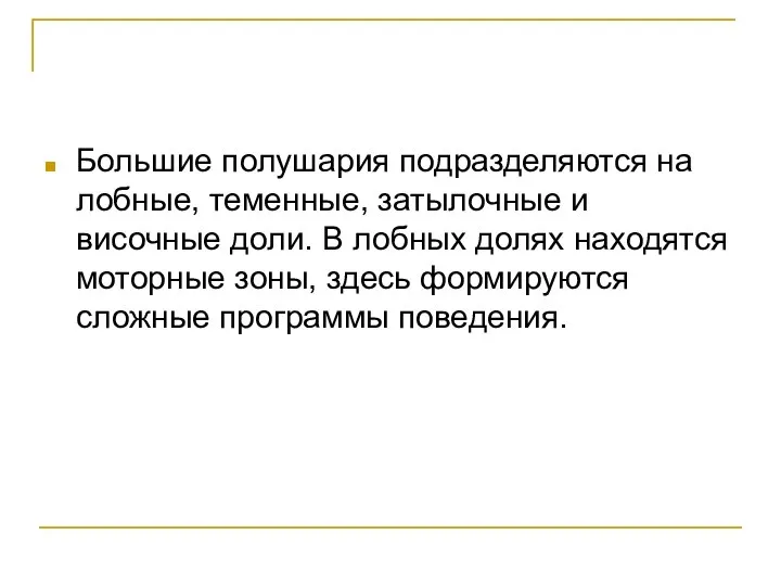 Большие полушария подразделяются на лобные, теменные, затылочные и височные доли. В