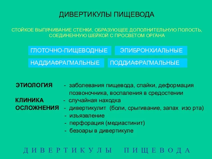 ДИВЕРТИКУЛЫ ПИЩЕВОДА СТОЙКОЕ ВЫПЯЧИВАНИЕ СТЕНКИ, ОБРАЗУЮЩЕЕ ДОПОЛНИТЕЛЬНУЮ ПОЛОСТЬ, СОЕДИНЕННУЮ ШЕЙКОЙ С