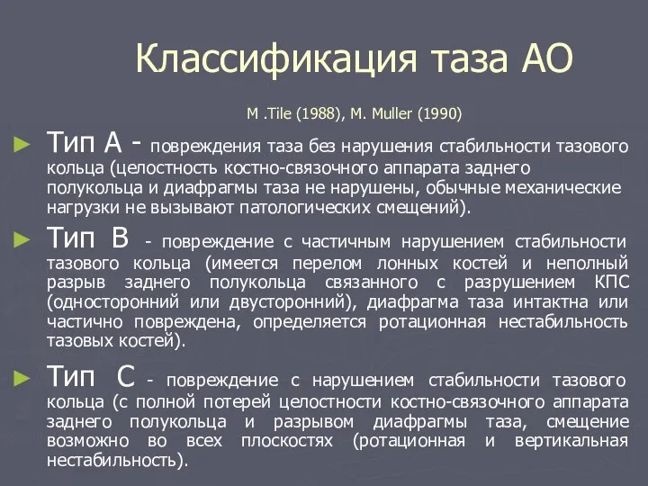 Классификация таза АО M .Tile (1988), M. Muller (1990) Тип А