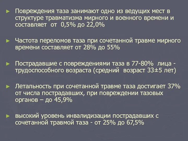 Повреждения таза занимают одно из ведущих мест в структуре травматизма мирного