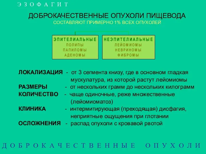 ДОБРОКАЧЕСТВЕННЫЕ ОПУХОЛИ ПИЩЕВОДА СОСТАВЛЯЮТ ПРИМЕРНО 1% ВСЕХ ОПУХОЛЕЙ ЛОКАЛИЗАЦИЯ - от