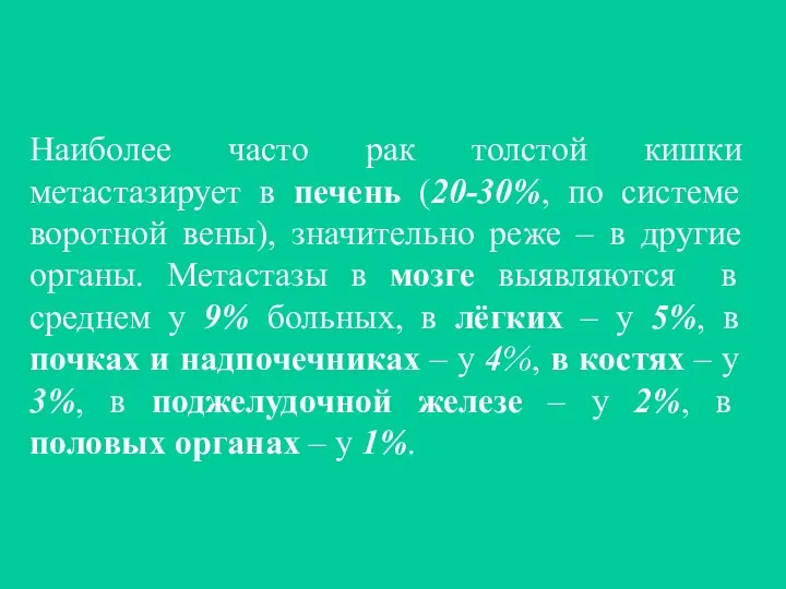 Наиболее часто рак толстой кишки метастазирует в печень (20-30%, по системе