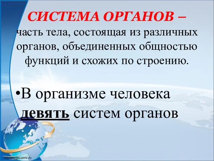 СИСТЕМА ОРГАНОВ – часть тела, состоящая из различных органов, объединенных общностью