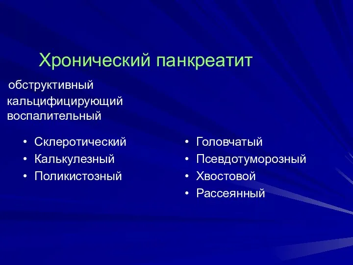 Хронический панкреатит обструктивный кальцифицирующий воспалительный Склеротический Калькулезный Поликистозный Головчатый Псевдотуморозный Хвостовой Рассеянный