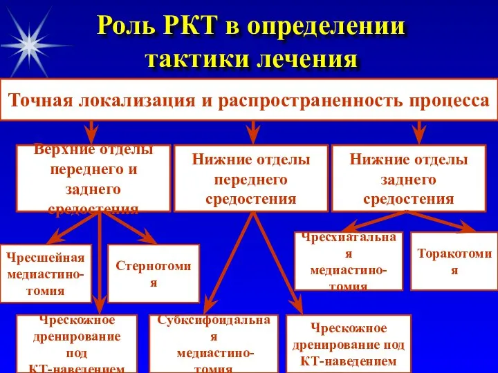 Точная локализация и распространенность процесса Верхние отделы переднего и заднего средостения