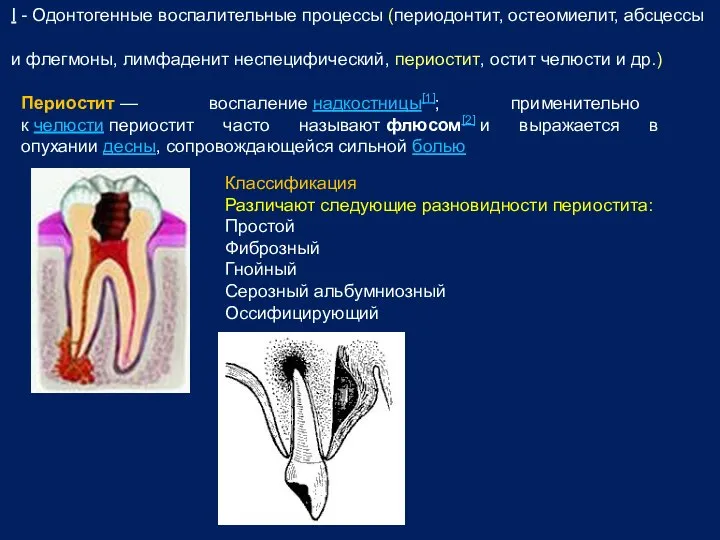 I - Одонтогенные воспалительные процессы (периодонтит, остеомиелит, абсцессы и флегмоны, лимфаденит