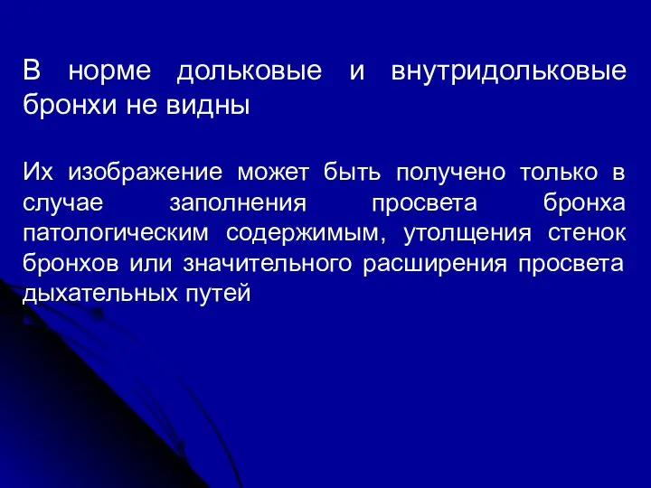 В норме дольковые и внутридольковые бронхи не видны Их изображение может