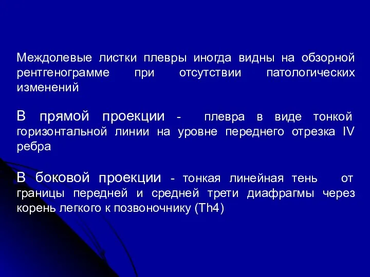 Междолевые листки плевры иногда видны на обзорной рентгенограмме при отсутствии патологических