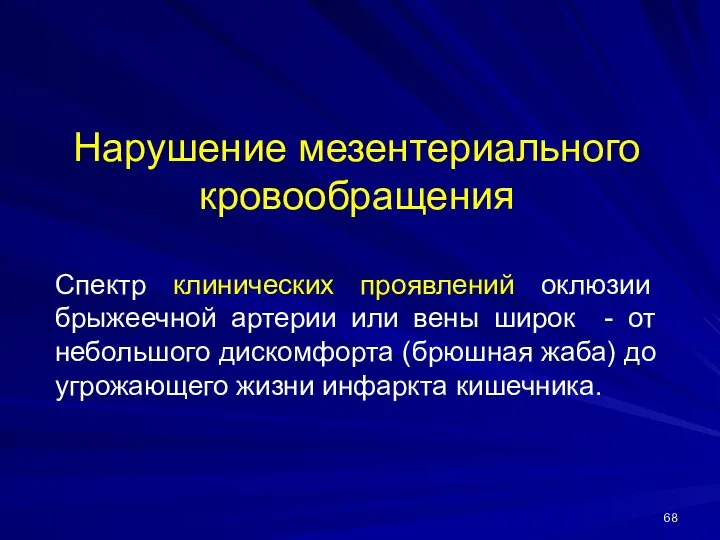 Нарушение мезентериального кровообращения Спектр клинических проявлений оклюзии брыжеечной артерии или вены