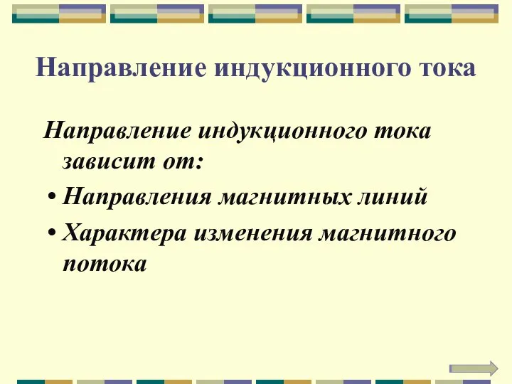 Направление индукционного тока Направление индукционного тока зависит от: Направления магнитных линий Характера изменения магнитного потока