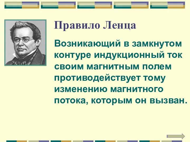 Правило Ленца Возникающий в замкнутом контуре индукционный ток своим магнитным полем