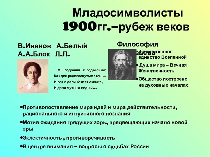 Младосимволисты 1900гг.-рубеж веков В.Иванов А.Белый А.А.Блок Л.Л. Эллис Философия Соловьева …Мы