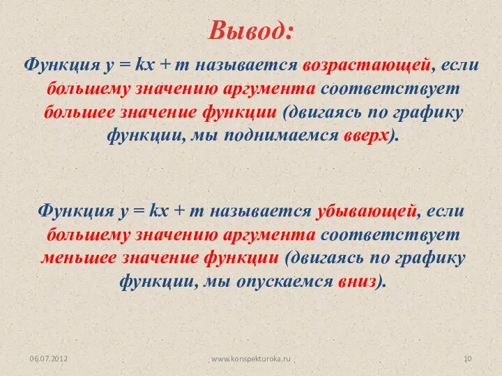 06.07.2012 www.konspekturoka.ru Вывод: Функция y = kx + m называется возрастающей,