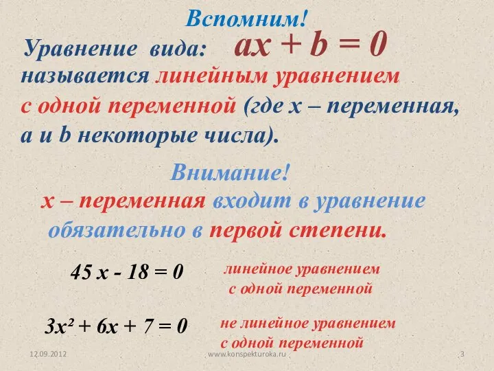 12.09.2012 www.konspekturoka.ru Уравнение вида: aх + b = 0 называется линейным