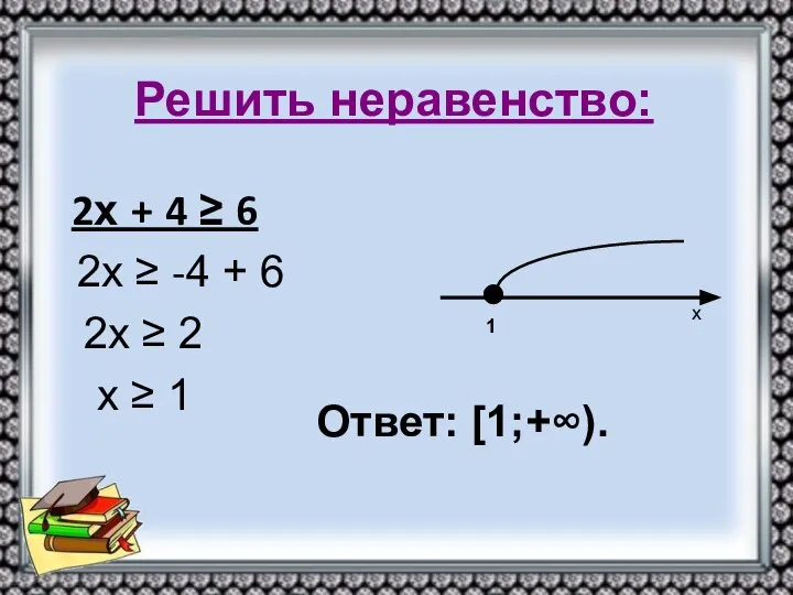 Решить неравенство: 2х + 4 ≥ 6 2х ≥ -4 +