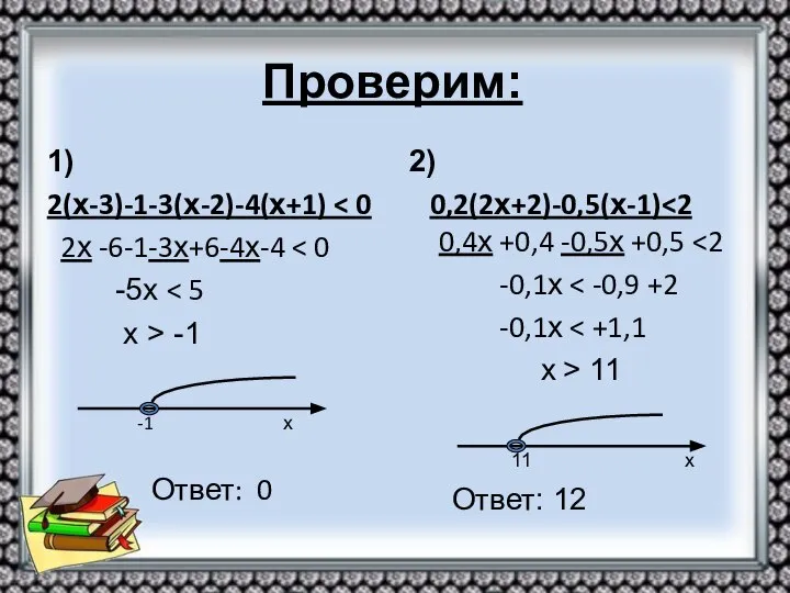 Проверим: 1) 2(х-3)-1-3(х-2)-4(х+1) 2х -6-1-3х+6-4х-4 -5х х > -1 -1 х