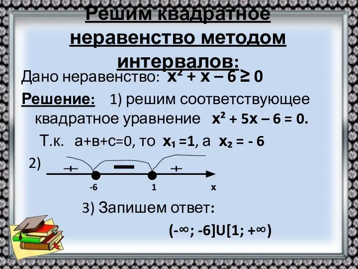 Решим квадратное неравенство методом интервалов: Дано неравенство: х² + х –