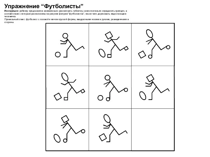 Упражнение “Футболисты” Инструкция: ребенку предлагается внимательно рассмотреть табличку, самостоятельно определить принцип,