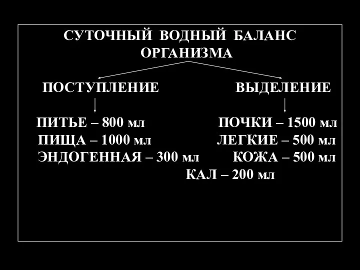 СУТОЧНЫЙ ВОДНЫЙ БАЛАНС ОРГАНИЗМА ПОСТУПЛЕНИЕ ВЫДЕЛЕНИЕ ПИТЬЕ – 800 мл ПОЧКИ