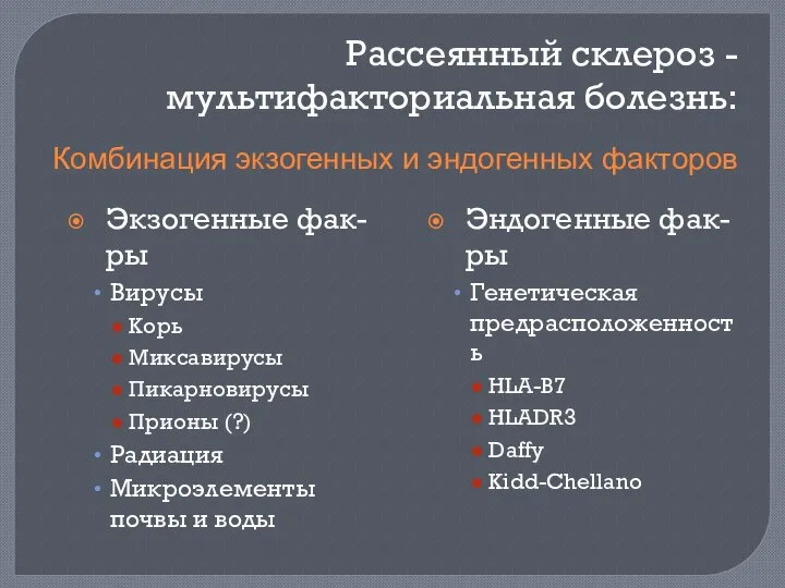 Рассеянный склероз - мультифакториальная болезнь: Экзогенные фак-ры Вирусы Корь Миксавирусы Пикарновирусы