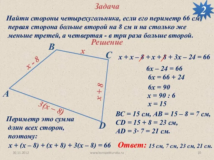 30.11.2012 www.konspekturoka.ru Задача Найти стороны четырехугольника, если его периметр 66 см,