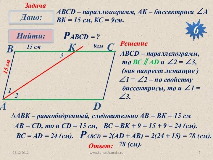 03.12.2012 www.konspekturoka.ru Задача 6 АВСD – параллелограмм, АК – биссектриса ∠А