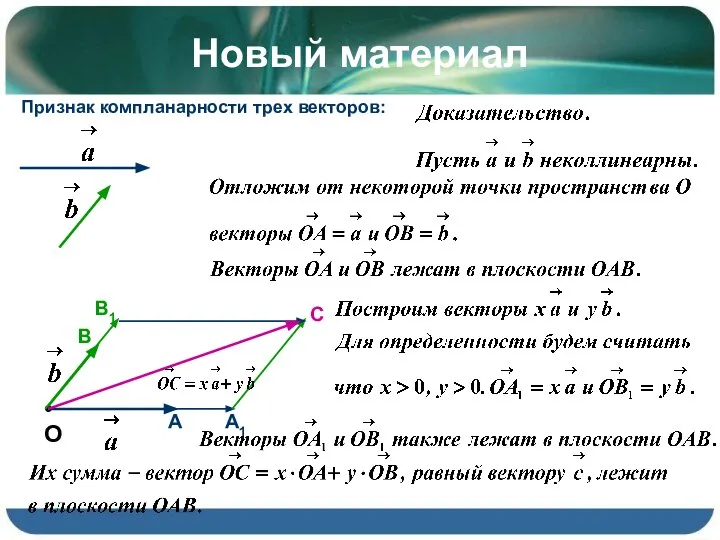 Новый материал Признак компланарности трех векторов: • О А1 В1 С