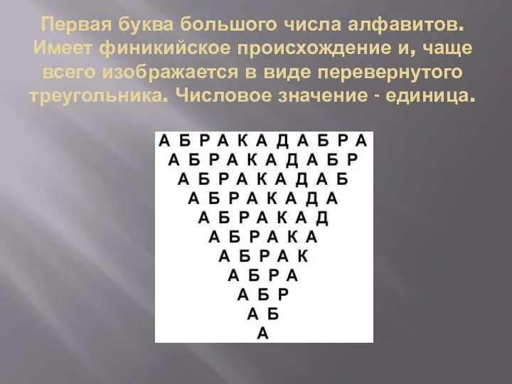 Первая буква большого числа алфавитов. Имеет финикийское происхождение и, чаще всего