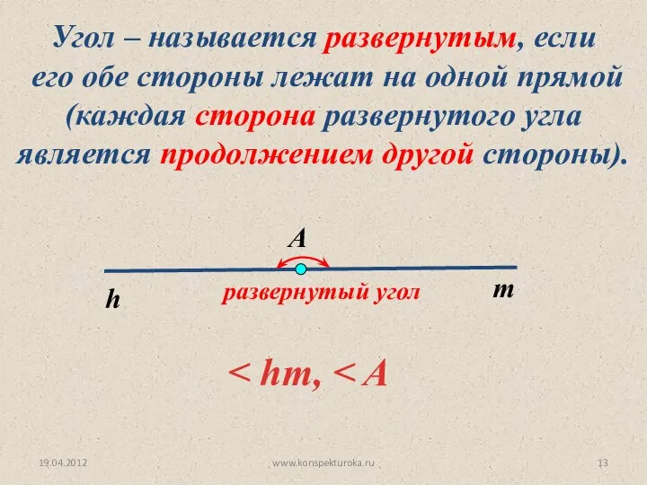 19.04.2012 www.konspekturoka.ru Угол – называется развернутым, если его обе стороны лежат